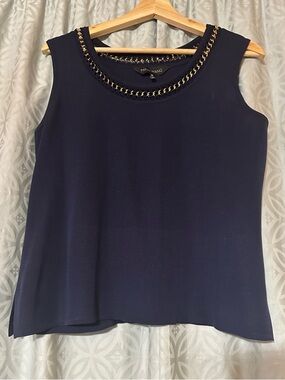 Ming Wang Women’s M Navy Blue Tank Top Shell Sleeveless Scoop Neck Gold Chain